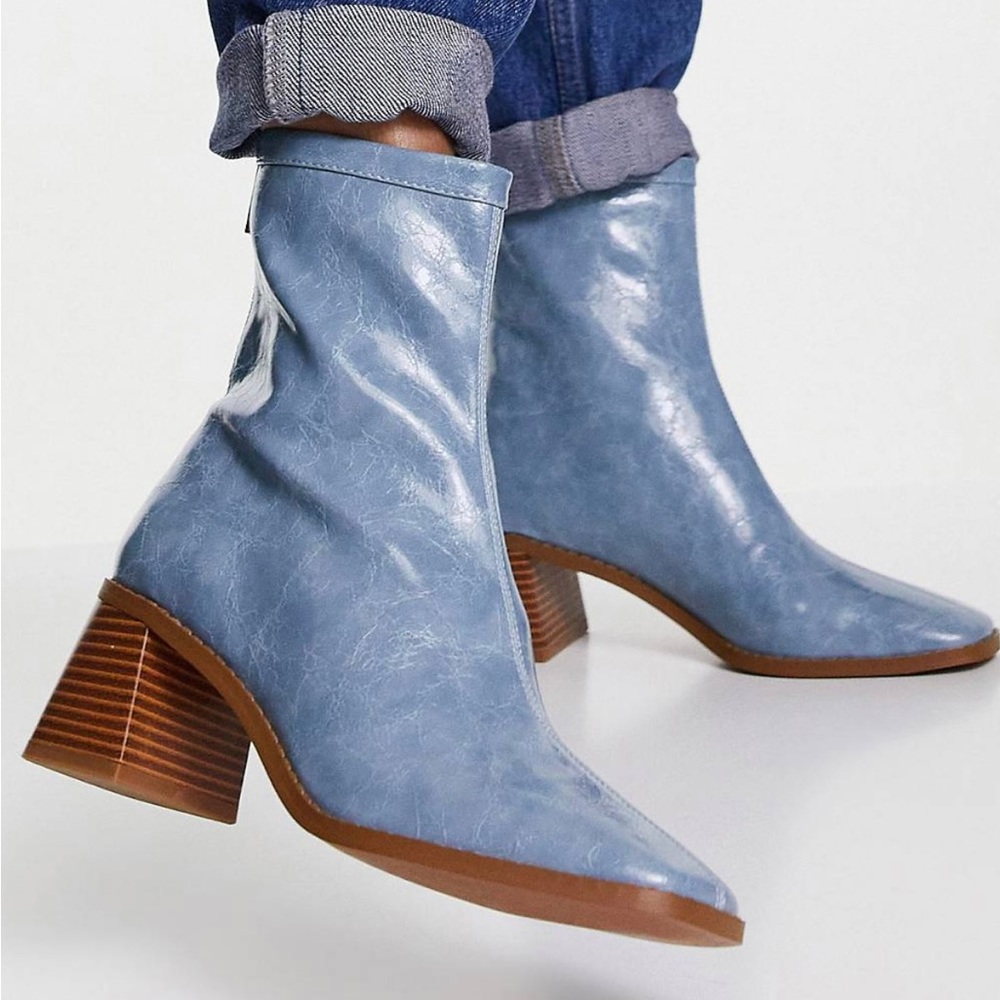 ASOS powder blue leather heeled boots booties